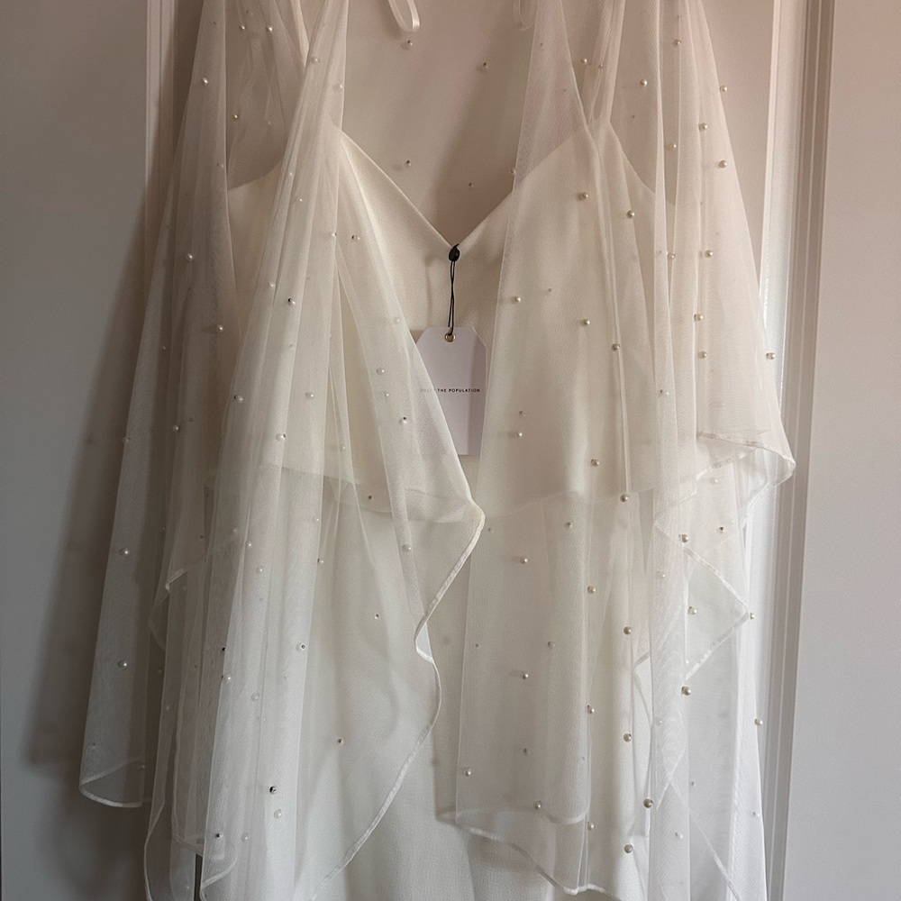 Karl Elegant White Sheer Pearl-Embellished Cape